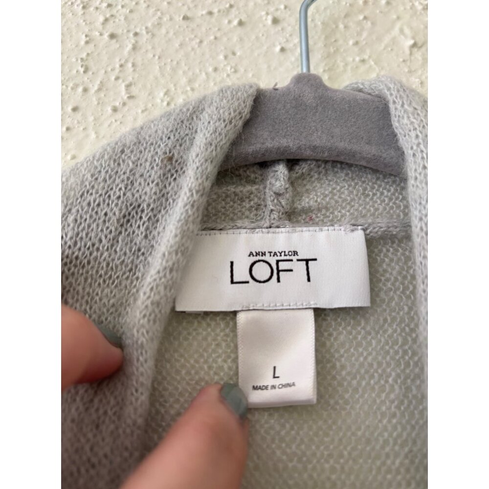 Loft Gray Open-Front Knit Cardigan Sweater L Lace Detail Long Sleeve - Picture 3 of 16